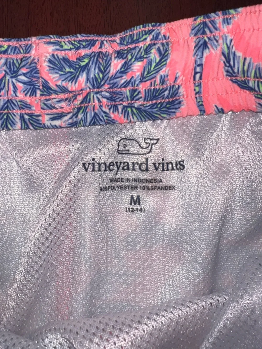 Vineyard Vines Coral Swim Trunks with Blue & Green Palm Print - Picture 2 of 4